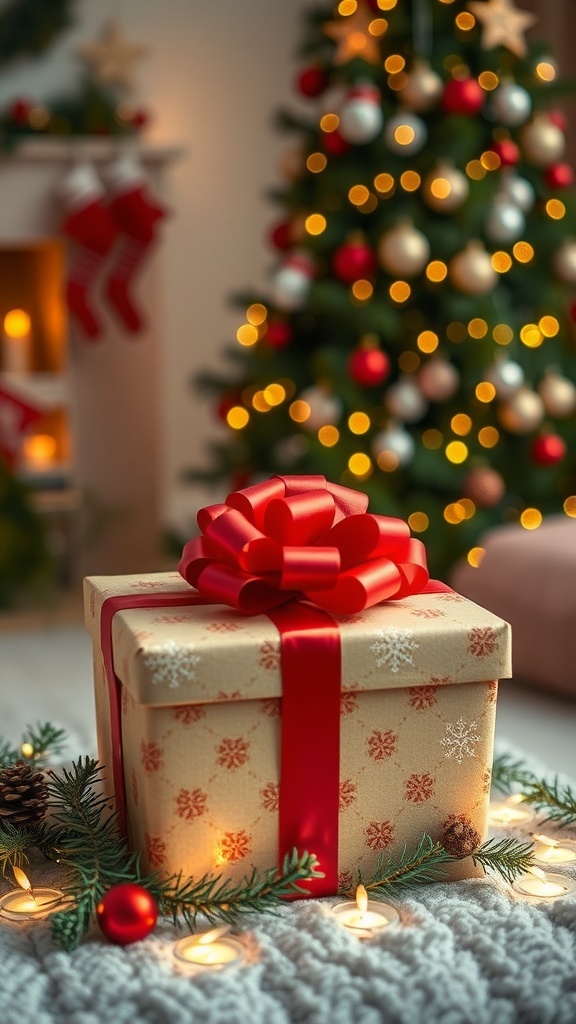 Thoughtful Christmas Gifts for Your Boyfriend A wrapped Christmas gift box with a bow in a festive living room with a Christmas tree.